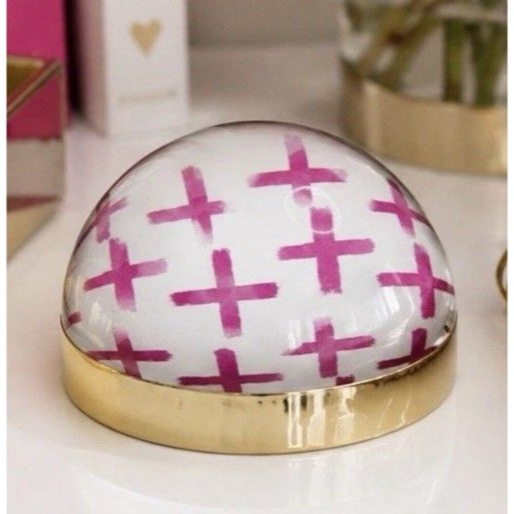 Gartner Studios Glass Paperweight Pink Cross Plus Pattern Gold Base NIB #32378